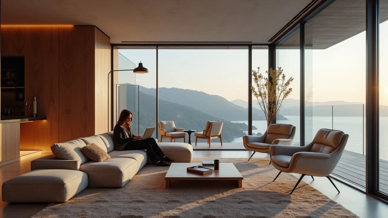 Lounge with floor-to-ceiling windows overlooking a mountain landscape