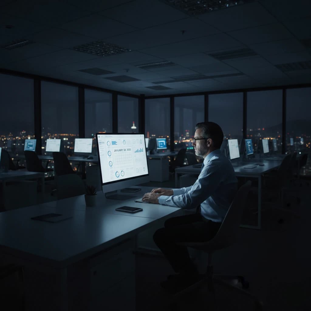 Person working at a computer in a dark office overlooking the city