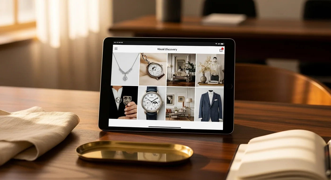 Pinterest mood board with luxury lifestyle imagery on a tablet