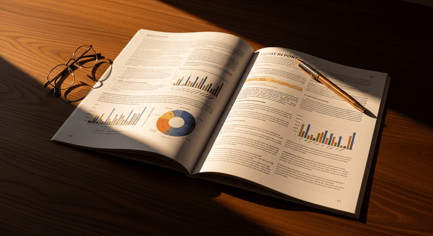 Printed SEO audit report with charts and annotations on a walnut desk
