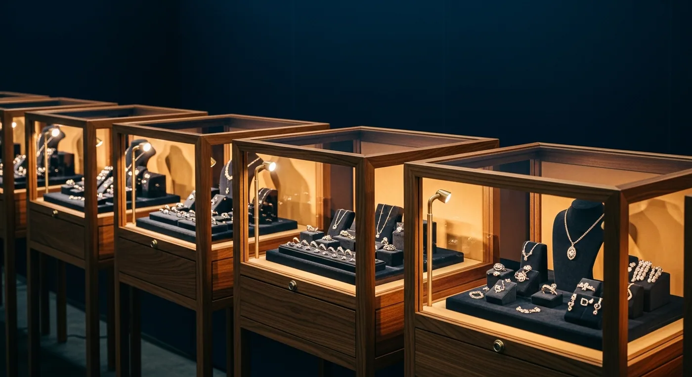 Jewelry trade show booth with illuminated display cases