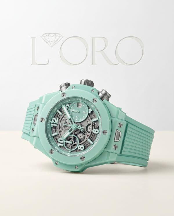 Hublot Big Bang Unico in mint ceramic against a bright gallery backdrop