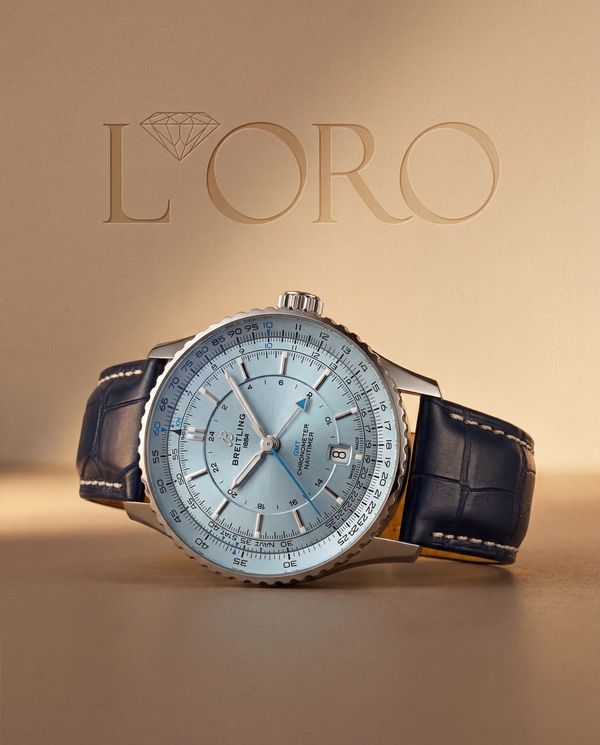 Breitling Navitimer GMT with ice-blue dial in a warm editorial setting