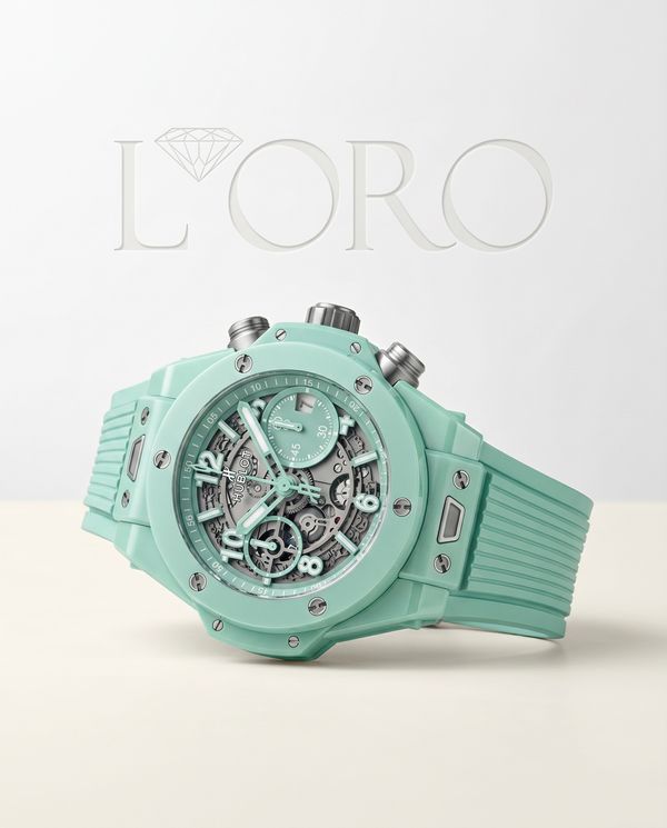 Hublot Big Bang Unico in mint ceramic against a bright gallery backdrop