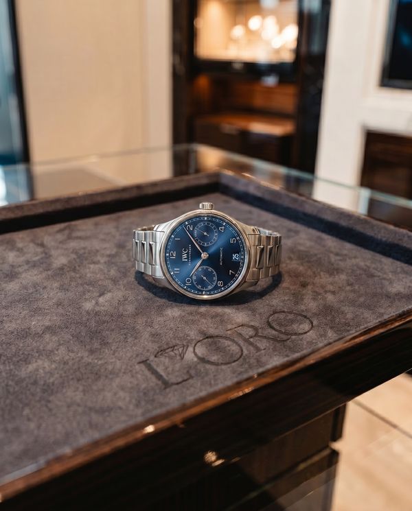 IWC Portugieser with blue dial on a boutique display tray