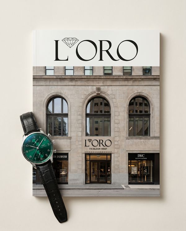 Luxury magazine cover featuring a boutique storefront and an IWC chronograph